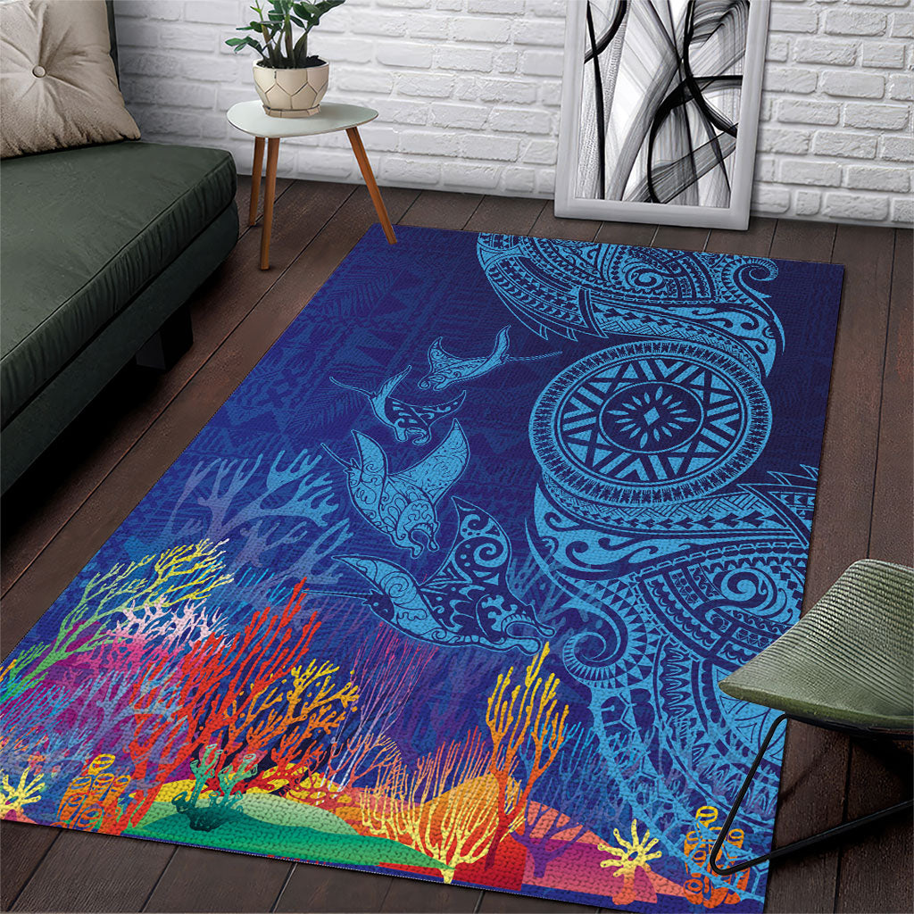 Fijian Tribal Manta Ray Area Rug Masi Motif with Coral Reef Ocean Vibe LT03 Blue - Polynesian Pride