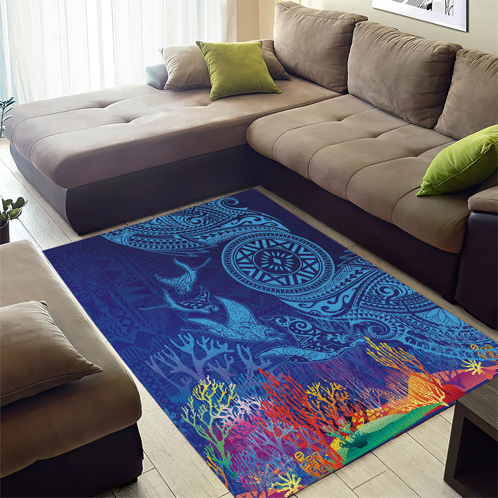 Fijian Tribal Manta Ray Area Rug Masi Motif with Coral Reef Ocean Vibe LT03 - Polynesian Pride