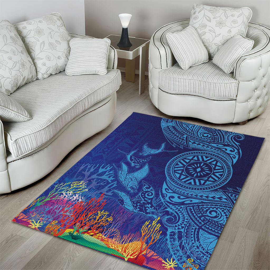 Fijian Tribal Manta Ray Area Rug Masi Motif with Coral Reef Ocean Vibe LT03 - Polynesian Pride