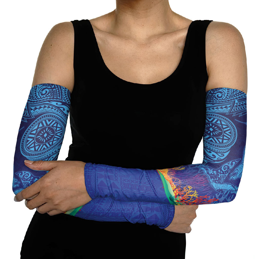 Fijian Tribal Manta Ray Arm Sleeves Masi Motif with Coral Reef Ocean Vibe LT03 - Polynesian Pride