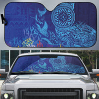 Fijian Tribal Manta Ray Auto Sun Shade Masi Motif with Coral Reef Ocean Vibe LT03 Blue - Polynesian Pride