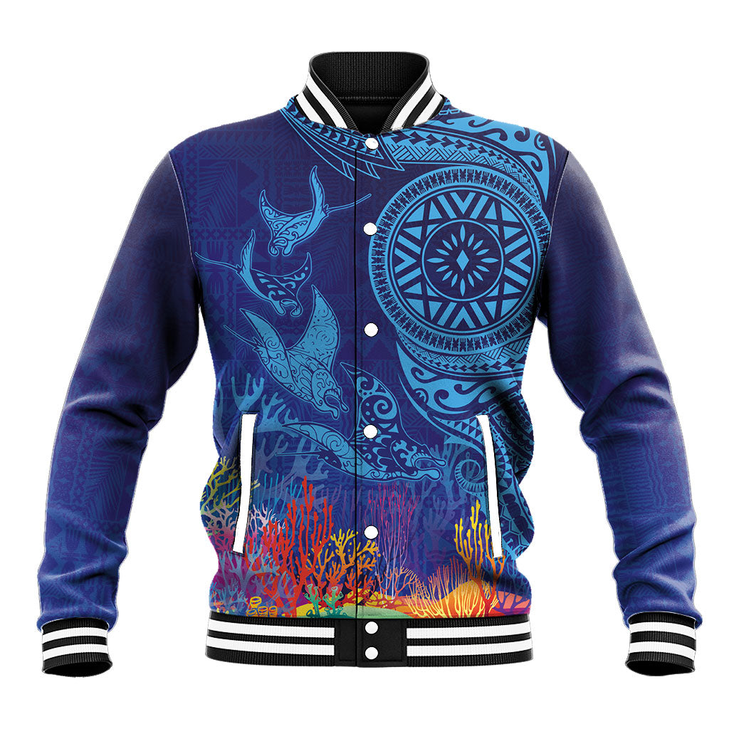 Fijian Tribal Manta Ray Baseball Jacket Masi Motif with Coral Reef Ocean Vibe LT03 Unisex Blue - Polynesian Pride