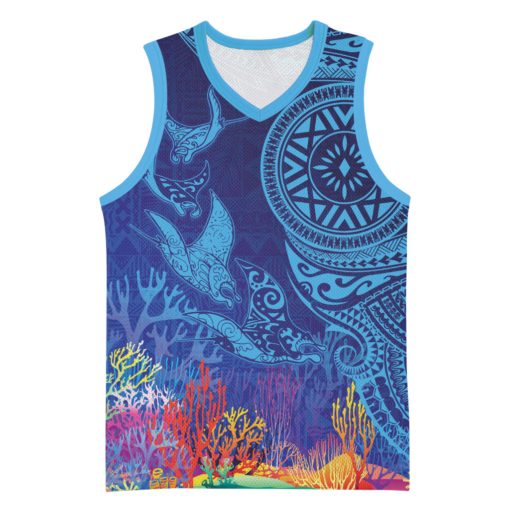 Fijian Tribal Manta Ray Basketball Jersey Masi Motif with Coral Reef Ocean Vibe LT03 Unisex Blue - Polynesian Pride