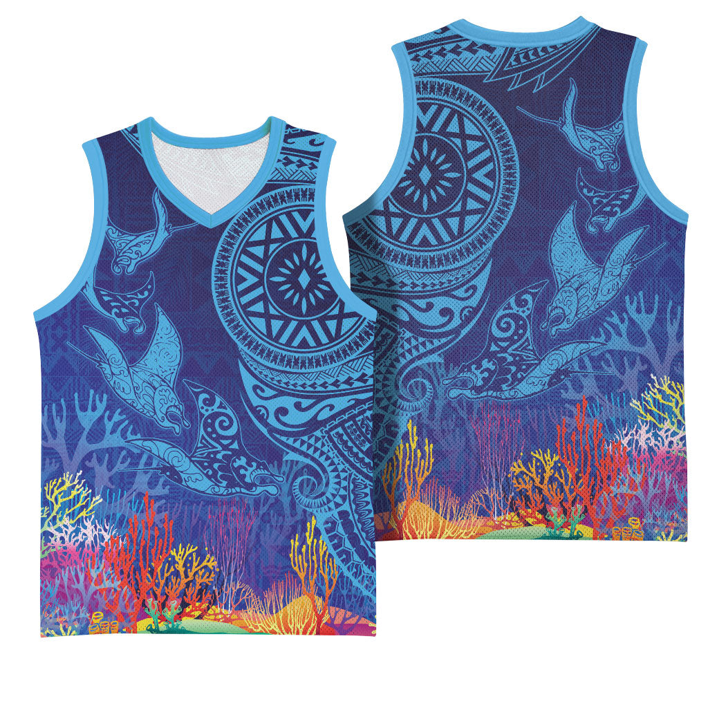 Fijian Tribal Manta Ray Basketball Jersey Masi Motif with Coral Reef Ocean Vibe LT03 - Polynesian Pride