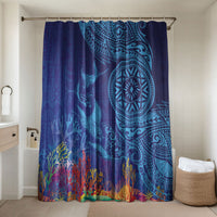 Fijian Tribal Manta Ray Bathroom Set Masi Motif with Coral Reef Ocean Vibe LT03 Shower Curtain Only Blue - Polynesian Pride