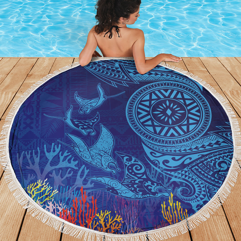 Fijian Tribal Manta Ray Beach Blanket Masi Motif with Coral Reef Ocean Vibe LT03 - Polynesian Pride