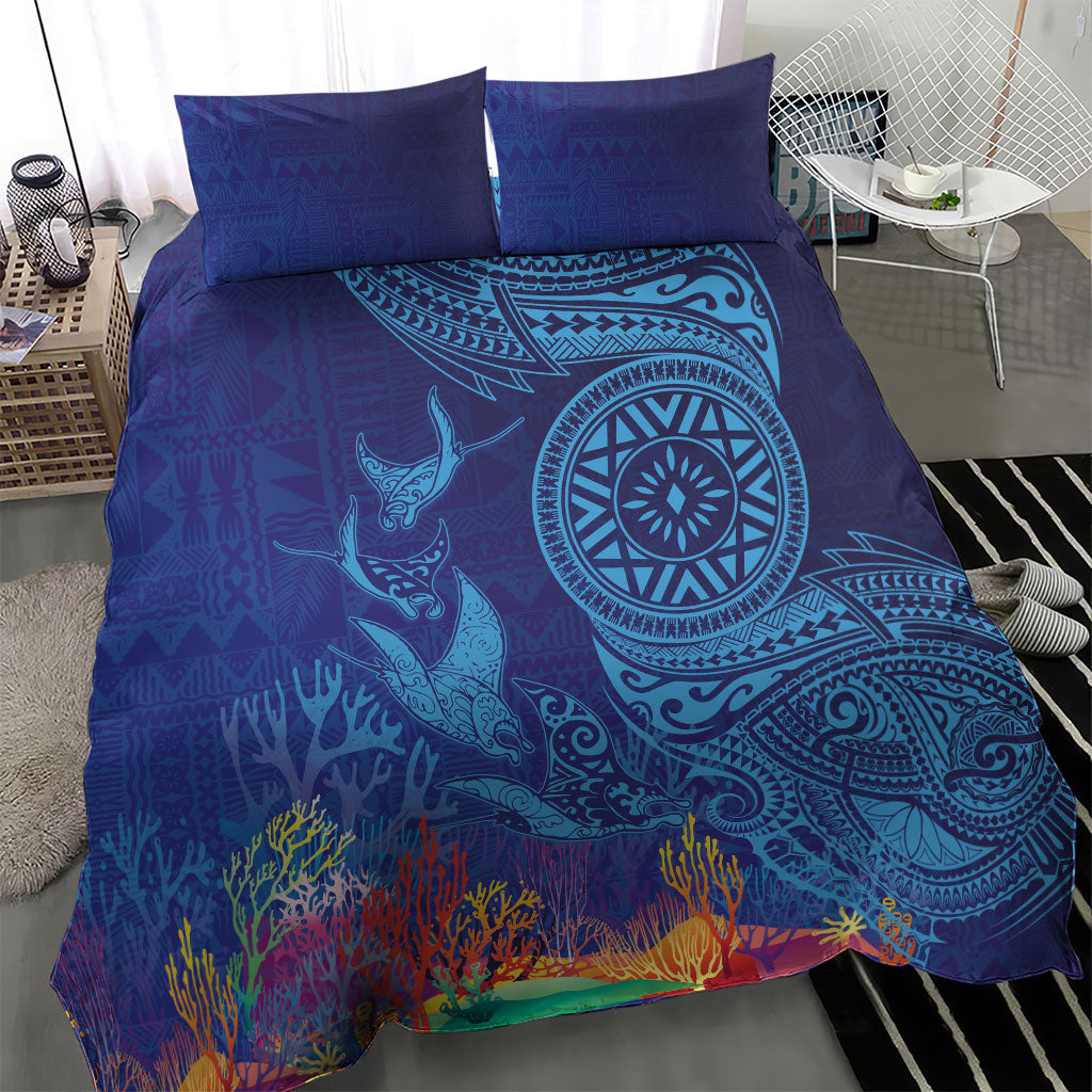 Fijian Tribal Manta Ray Bedding Set Masi Motif with Coral Reef Ocean Vibe LT03 - Polynesian Pride