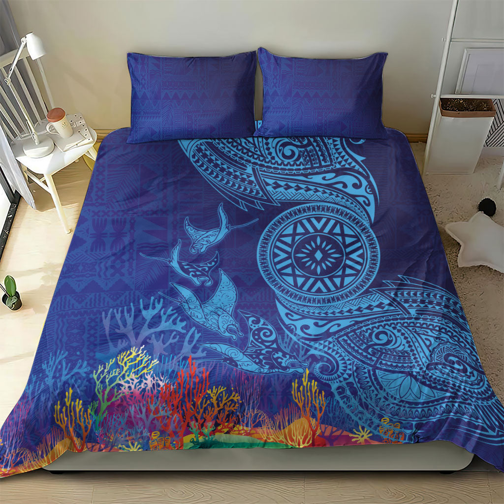 Fijian Tribal Manta Ray Bedding Set Masi Motif with Coral Reef Ocean Vibe LT03 - Polynesian Pride