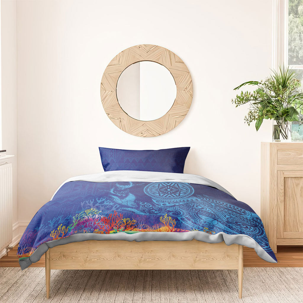 Fijian Tribal Manta Ray Bedding Set Masi Motif with Coral Reef Ocean Vibe LT03 - Polynesian Pride