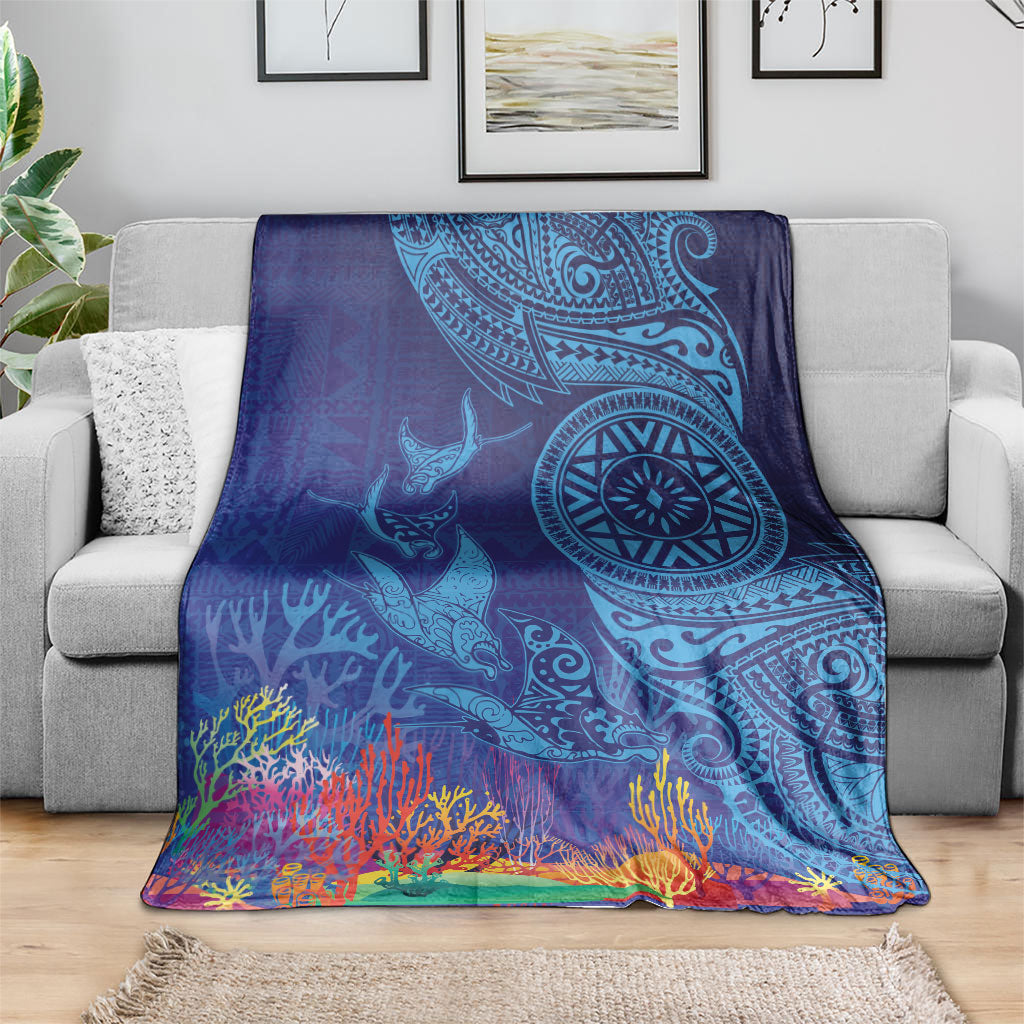 Fijian Tribal Manta Ray Blanket Masi Motif with Coral Reef Ocean Vibe LT03 - Polynesian Pride