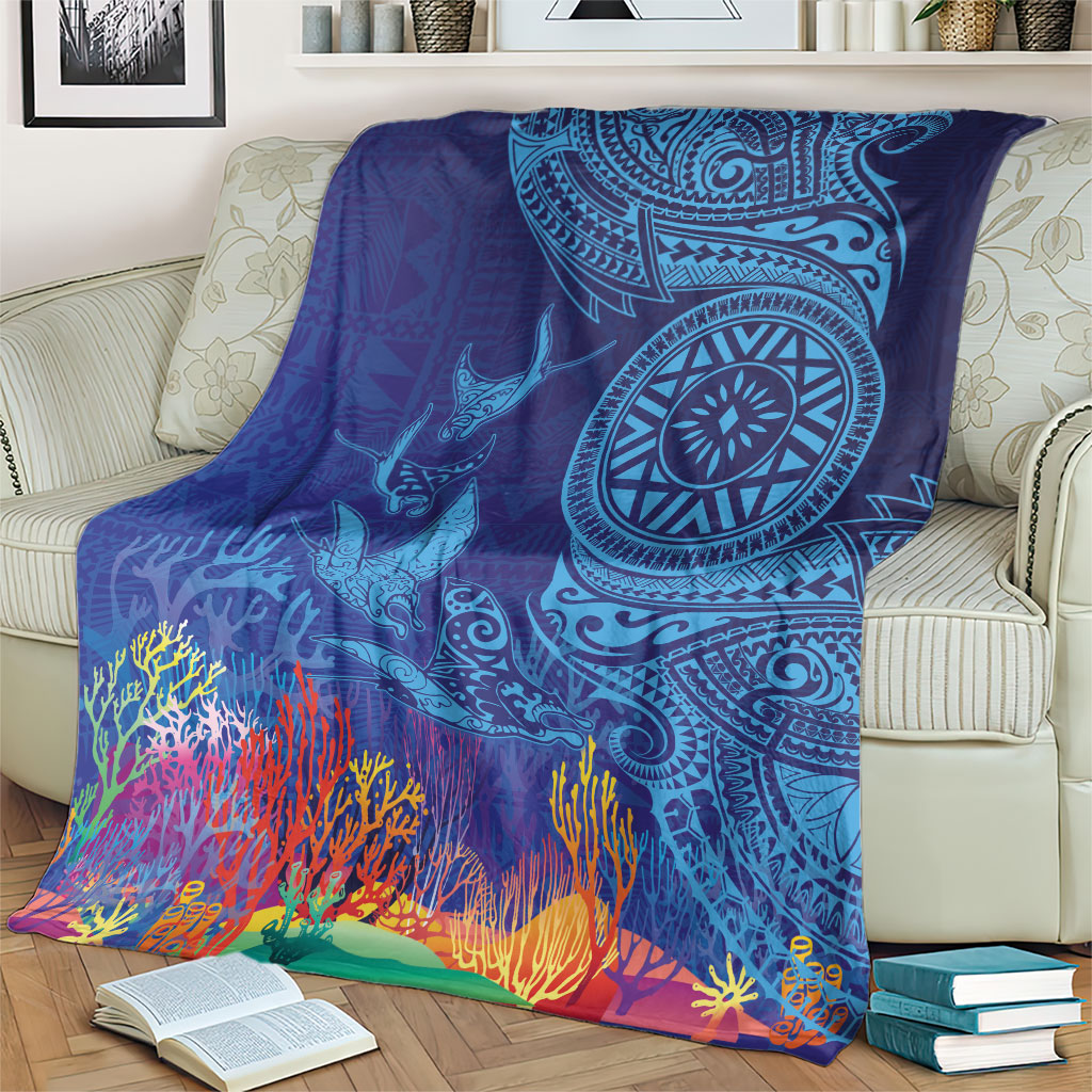 Fijian Tribal Manta Ray Blanket Masi Motif with Coral Reef Ocean Vibe LT03 - Polynesian Pride