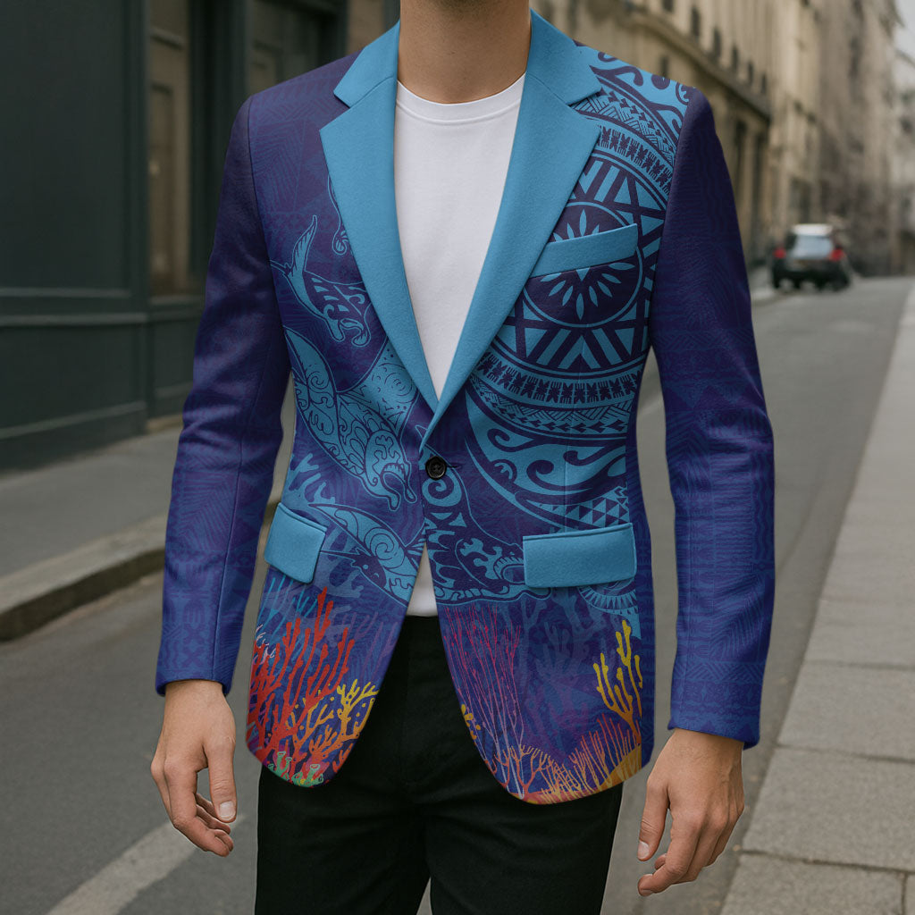 Fijian Tribal Manta Ray Blazer Masi Motif with Coral Reef Ocean Vibe LT03 - Polynesian Pride