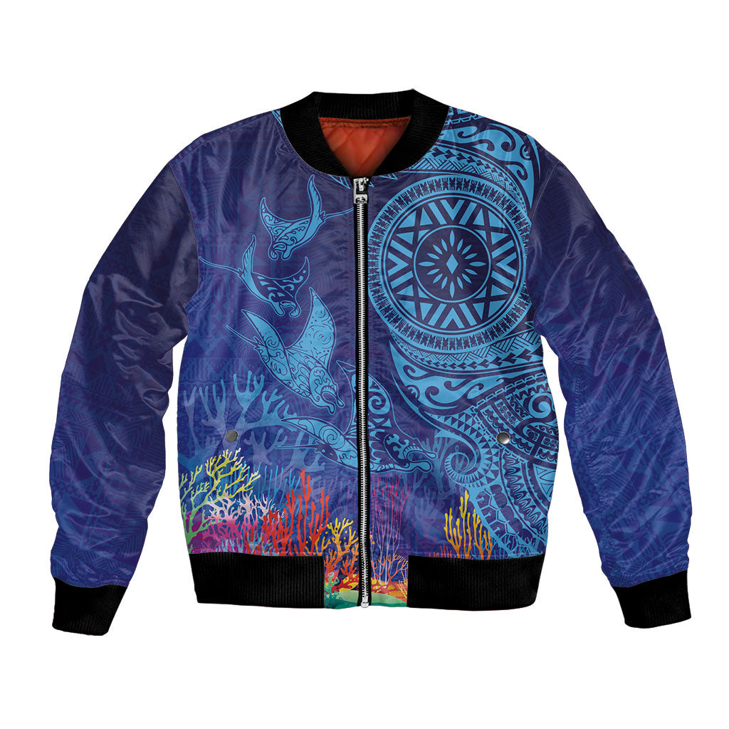 Fijian Tribal Manta Ray Bomber Jacket Masi Motif with Coral Reef Ocean Vibe LT03 Unisex Blue - Polynesian Pride