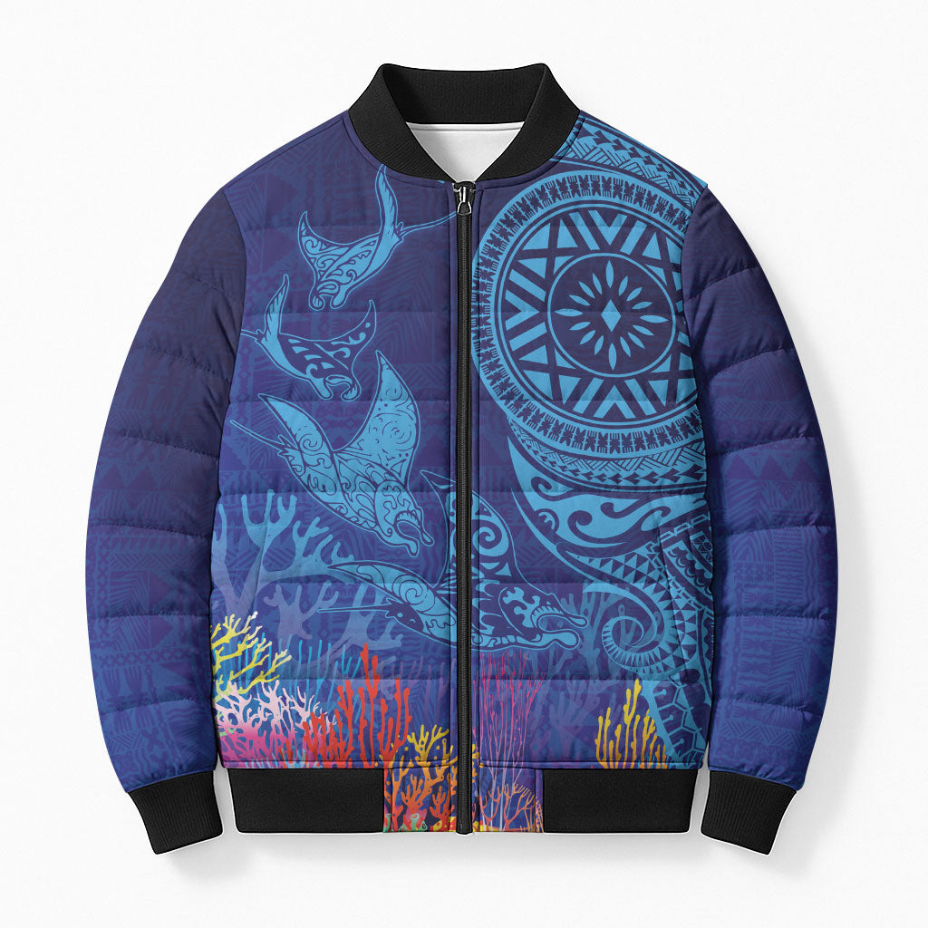 Fijian Tribal Manta Ray Bomber Puffer Jacket Masi Motif with Coral Reef Ocean Vibe LT03 Unisex Blue - Polynesian Pride