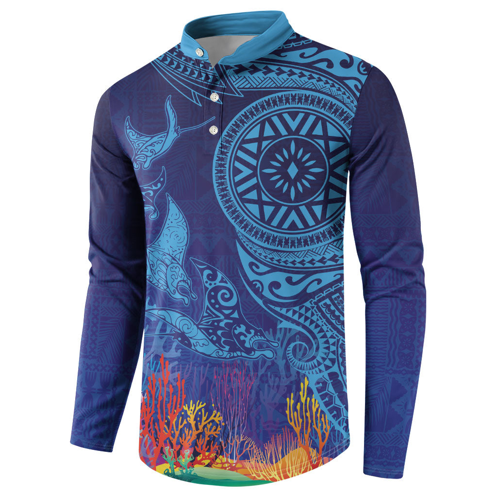 Fijian Tribal Manta Ray Button Sweatshirt Masi Motif with Coral Reef Ocean Vibe LT03 - Polynesian Pride