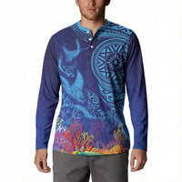 Fijian Tribal Manta Ray Button Sweatshirt Masi Motif with Coral Reef Ocean Vibe LT03 - Polynesian Pride