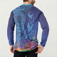 Fijian Tribal Manta Ray Button Sweatshirt Masi Motif with Coral Reef Ocean Vibe LT03 - Polynesian Pride