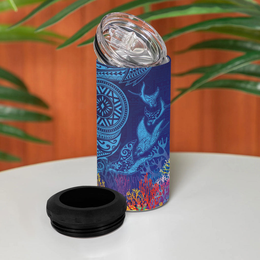Fijian Tribal Manta Ray 4 in 1 Can Cooler Tumbler Masi Motif with Coral Reef Ocean Vibe LT03 - Polynesian Pride