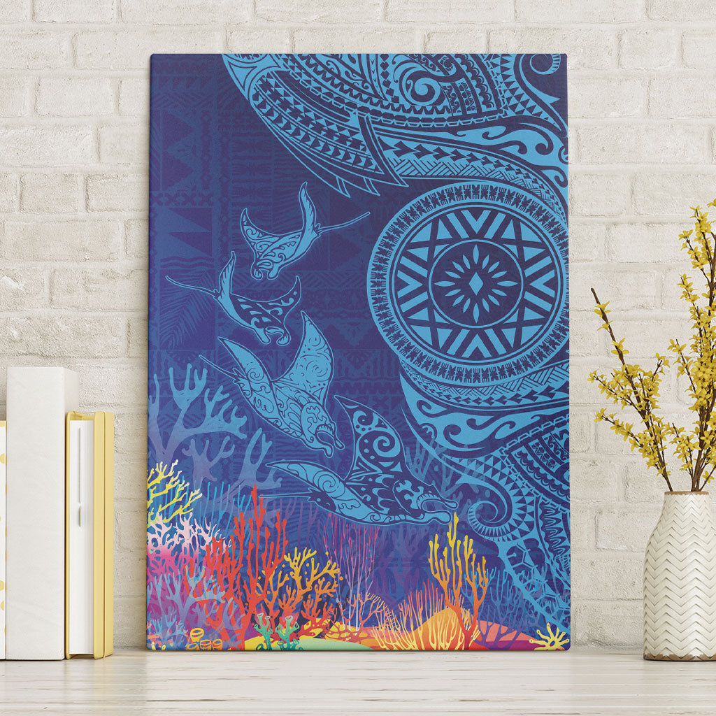 Fijian Tribal Manta Ray Canvas Wall Art Masi Motif with Coral Reef Ocean Vibe LT03 Without Frame Blue - Polynesian Pride