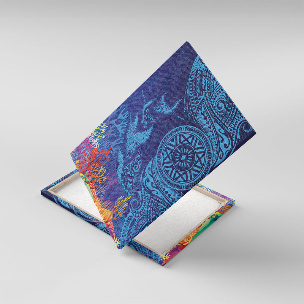 Fijian Tribal Manta Ray Canvas Wall Art Masi Motif with Coral Reef Ocean Vibe LT03 With Frame Blue - Polynesian Pride
