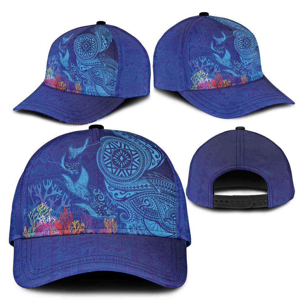Fijian Tribal Manta Ray Classic Cap Masi Motif with Coral Reef Ocean Vibe LT03 - Polynesian Pride