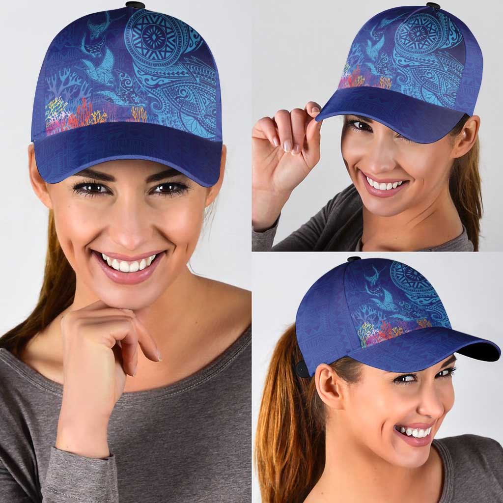 Fijian Tribal Manta Ray Classic Cap Masi Motif with Coral Reef Ocean Vibe LT03 - Polynesian Pride