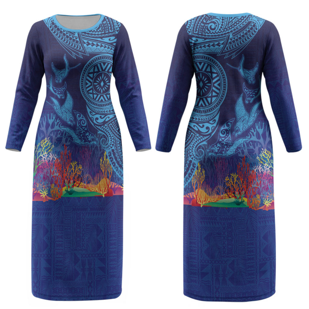 Fijian Tribal Manta Ray Couples Matching Long Sleeve Bodycon Dress and Hawaiian Shirt Masi Motif with Coral Reef Ocean Vibe LT03 - Polynesian Pride