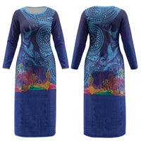 Fijian Tribal Manta Ray Couples Matching Long Sleeve Bodycon Dress and Hawaiian Shirt Masi Motif with Coral Reef Ocean Vibe LT03 - Polynesian Pride