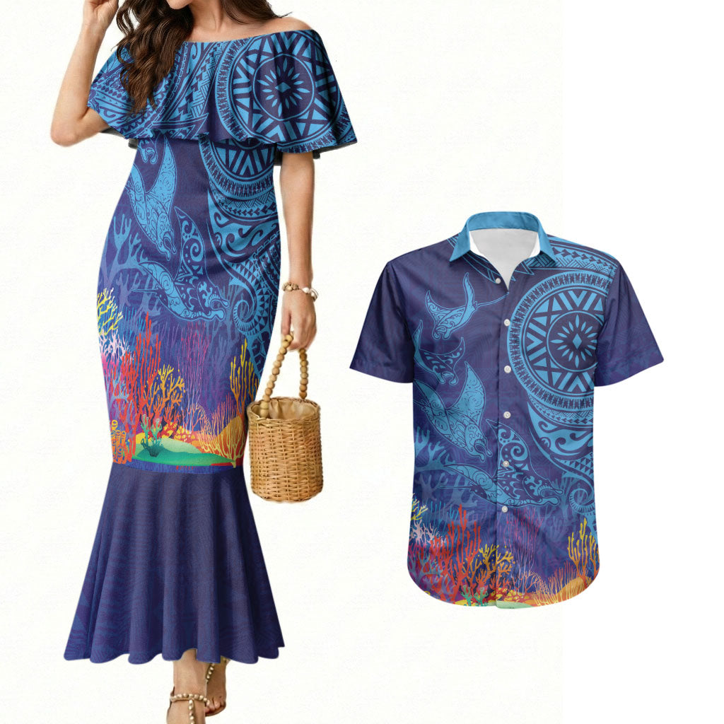 Fijian Tribal Manta Ray Couples Matching Mermaid Dress and Hawaiian Shirt Masi Motif with Coral Reef Ocean Vibe LT03 Blue - Polynesian Pride