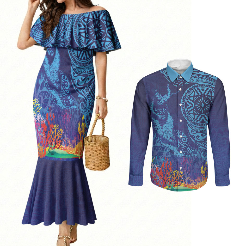 Fijian Tribal Manta Ray Couples Matching Mermaid Dress and Long Sleeve Button Shirt Masi Motif with Coral Reef Ocean Vibe LT03 Blue - Polynesian Pride