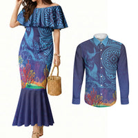 Fijian Tribal Manta Ray Couples Matching Mermaid Dress and Long Sleeve Button Shirt Masi Motif with Coral Reef Ocean Vibe LT03 Blue - Polynesian Pride