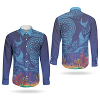 Fijian Tribal Manta Ray Couples Matching Off Shoulder Maxi Dress and Long Sleeve Button Shirt Masi Motif with Coral Reef Ocean Vibe LT03 - Polynesian Pride