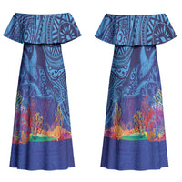 Fijian Tribal Manta Ray Couples Matching Off Shoulder Maxi Dress and Long Sleeve Button Shirt Masi Motif with Coral Reef Ocean Vibe LT03 - Polynesian Pride