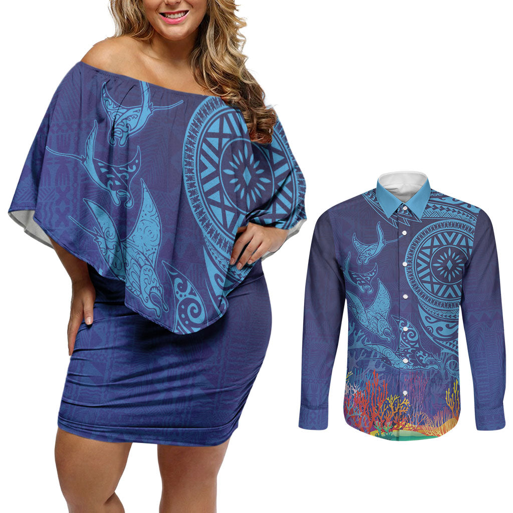 Fijian Tribal Manta Ray Couples Matching Off Shoulder Short Dress and Long Sleeve Button Shirt Masi Motif with Coral Reef Ocean Vibe LT03 Blue - Polynesian Pride