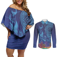 Fijian Tribal Manta Ray Couples Matching Off Shoulder Short Dress and Long Sleeve Button Shirt Masi Motif with Coral Reef Ocean Vibe LT03 Blue - Polynesian Pride