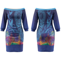 Fijian Tribal Manta Ray Couples Matching Off The Shoulder Long Sleeve Dress and Long Sleeve Button Shirt Masi Motif with Coral Reef Ocean Vibe LT03 - Polynesian Pride