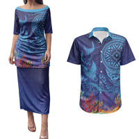 Fijian Tribal Manta Ray Couples Matching Puletasi and Hawaiian Shirt Masi Motif with Coral Reef Ocean Vibe LT03 Blue - Polynesian Pride