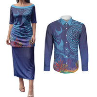 Fijian Tribal Manta Ray Couples Matching Puletasi and Long Sleeve Button Shirt Masi Motif with Coral Reef Ocean Vibe LT03 Blue - Polynesian Pride