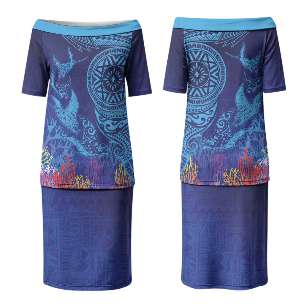 Fijian Tribal Manta Ray Couples Matching Puletasi and Long Sleeve Button Shirt Masi Motif with Coral Reef Ocean Vibe LT03 - Polynesian Pride