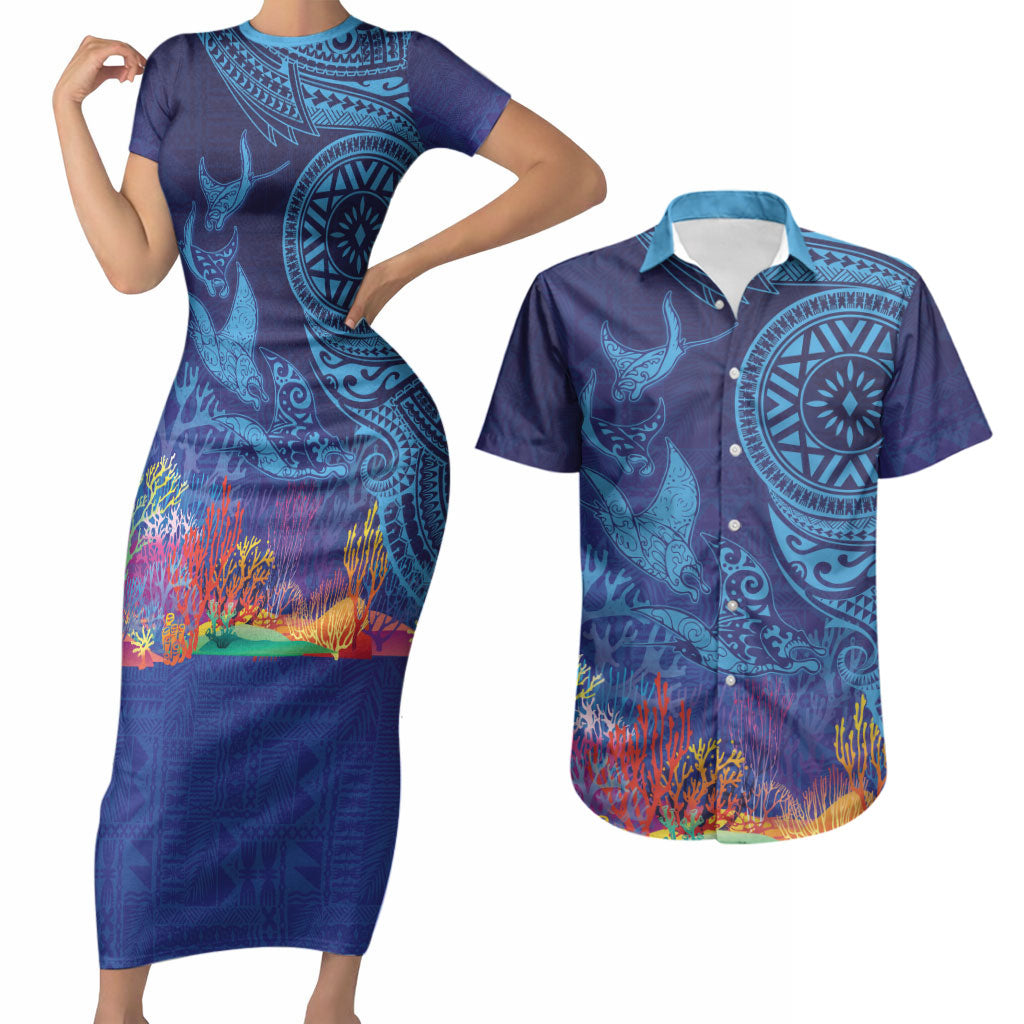 Fijian Tribal Manta Ray Couples Matching Short Sleeve Bodycon Dress and Hawaiian Shirt Masi Motif with Coral Reef Ocean Vibe LT03 Blue - Polynesian Pride