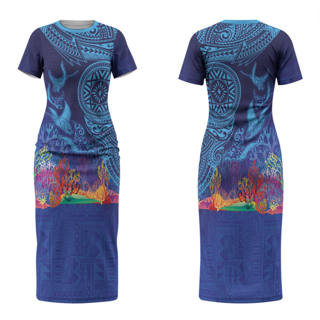 Fijian Tribal Manta Ray Couples Matching Short Sleeve Bodycon Dress and Hawaiian Shirt Masi Motif with Coral Reef Ocean Vibe LT03 - Polynesian Pride