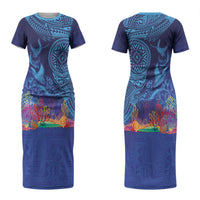 Fijian Tribal Manta Ray Couples Matching Short Sleeve Bodycon Dress and Hawaiian Shirt Masi Motif with Coral Reef Ocean Vibe LT03 - Polynesian Pride
