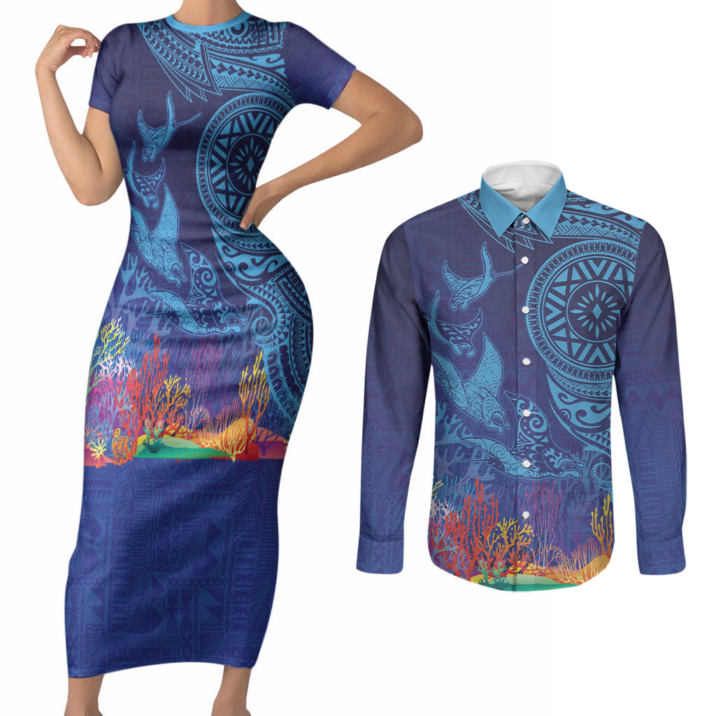 Fijian Tribal Manta Ray Couples Matching Short Sleeve Bodycon Dress and Long Sleeve Button Shirt Masi Motif with Coral Reef Ocean Vibe LT03 Blue - Polynesian Pride