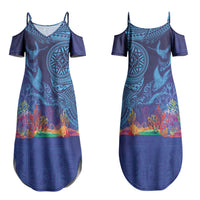Fijian Tribal Manta Ray Couples Matching Summer Maxi Dress and Long Sleeve Button Shirt Masi Motif with Coral Reef Ocean Vibe LT03 - Polynesian Pride