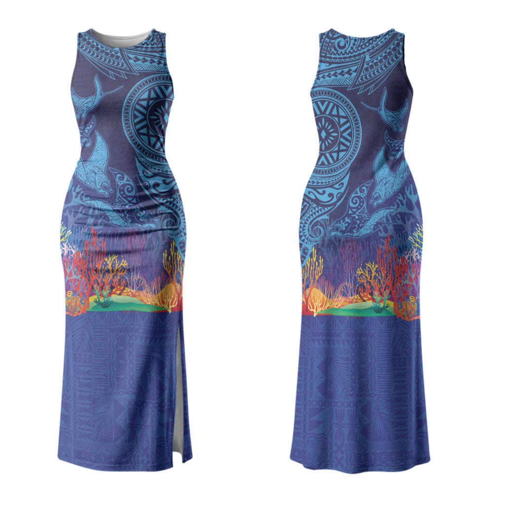 Fijian Tribal Manta Ray Couples Matching Tank Maxi Dress and Hawaiian Shirt Masi Motif with Coral Reef Ocean Vibe LT03 - Polynesian Pride