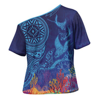 Fijian Tribal Manta Ray Cross Shoulder Shirt Masi Motif with Coral Reef Ocean Vibe LT03 - Polynesian Pride