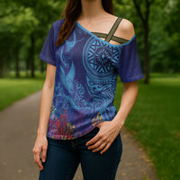 Fijian Tribal Manta Ray Cross Shoulder Shirt Masi Motif with Coral Reef Ocean Vibe LT03 - Polynesian Pride