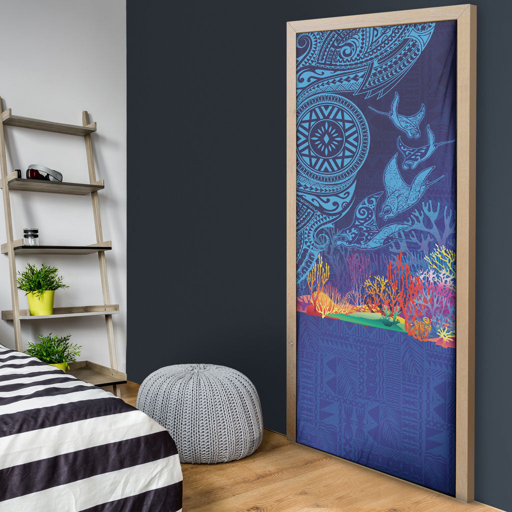 Fijian Tribal Manta Ray Door Cover Masi Motif with Coral Reef Ocean Vibe LT03 - Polynesian Pride