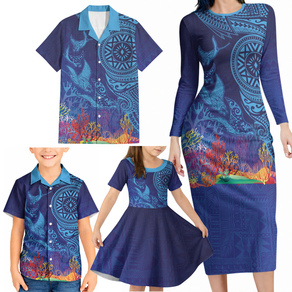 Fijian Tribal Manta Ray Family Matching Long Sleeve Bodycon Dress and Hawaiian Shirt Masi Motif with Coral Reef Ocean Vibe LT03 - Polynesian Pride