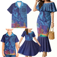 Fijian Tribal Manta Ray Family Matching Mermaid Dress and Hawaiian Shirt Masi Motif with Coral Reef Ocean Vibe LT03 - Polynesian Pride